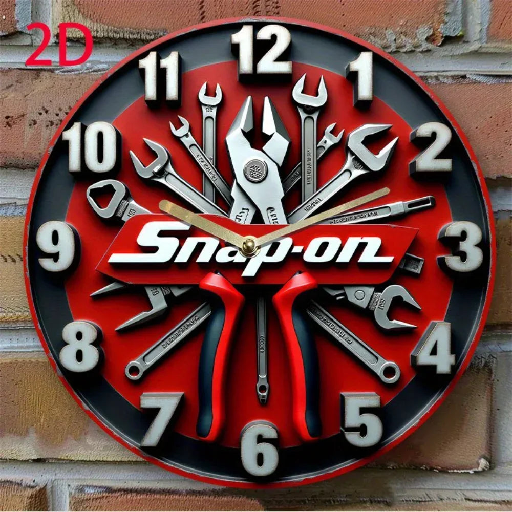 horloge murale industrielle outils clés rouge 3d métal brossé fleurs jaunes vase