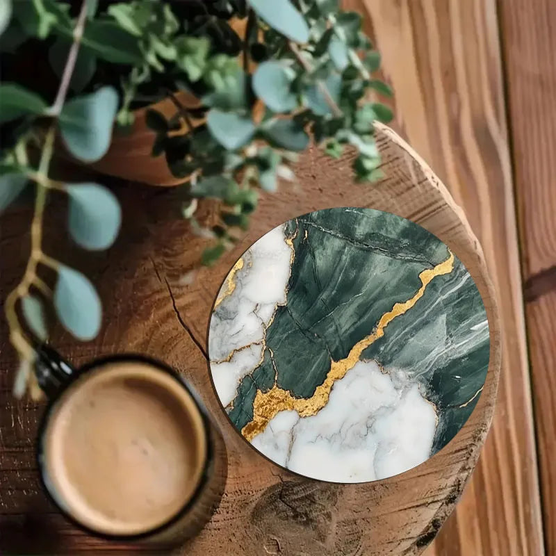 sous verres imitation marbre moderne élégants vert foncé blanc doré antidérapants bois ensemble quatre