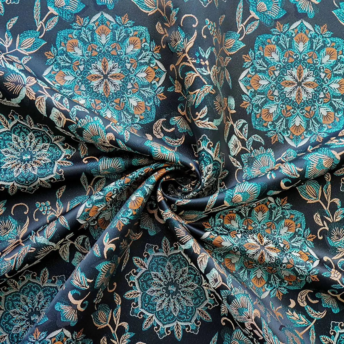 tissu decoratif polyester bleu foncé motifs floraux oriental tissu brocart largeur 165cm tissage relevé