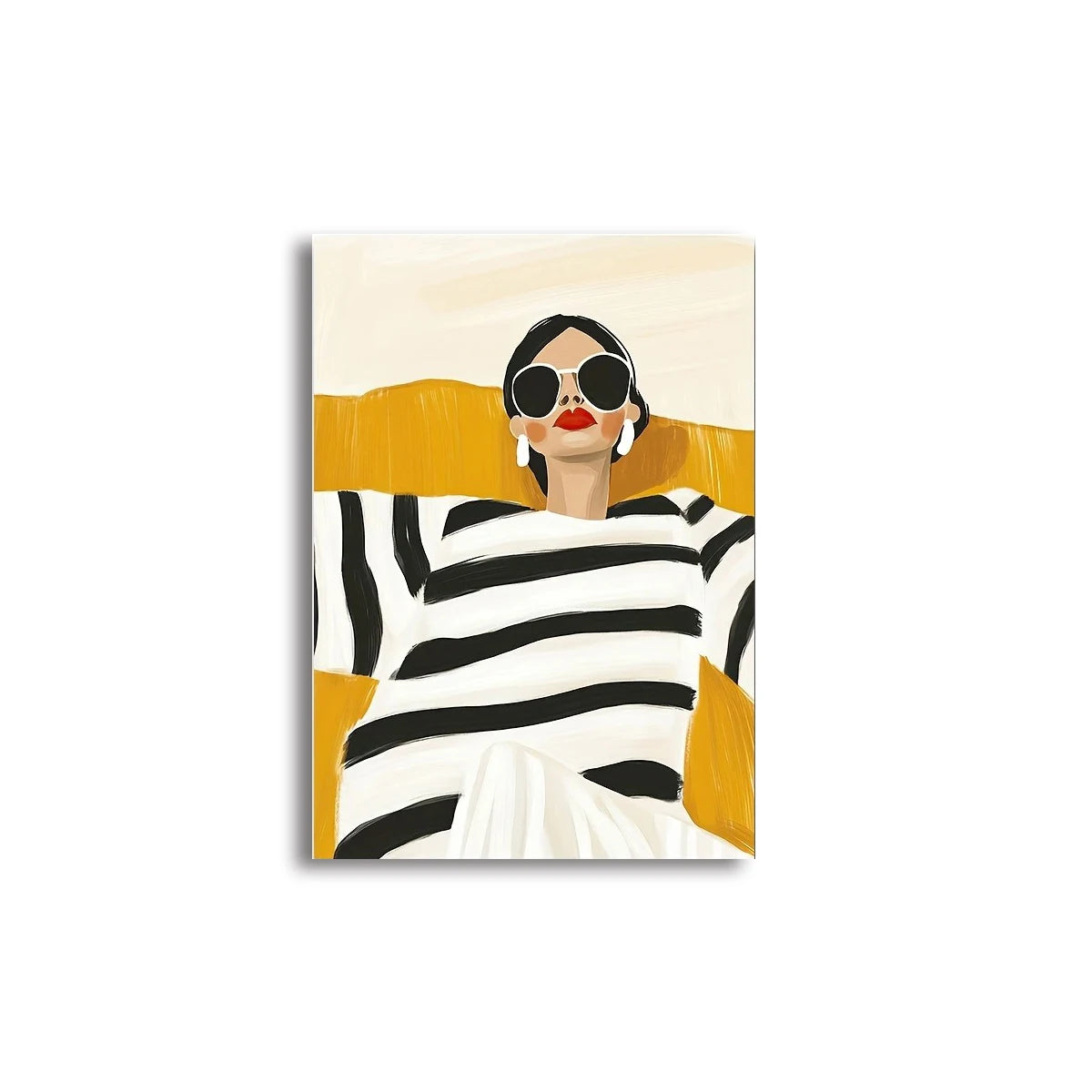 toile d'art moderne abstraite femme talons rayures noires blanches fond jaune 20x30cm 30x40cm 40x60cm