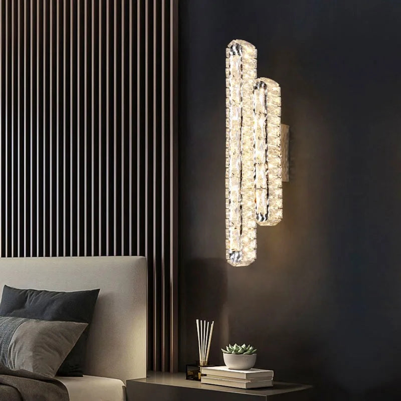 Lampe suspension cristal transparente argentée moderne tringle acier inoxydable led dimmable 10 15m²
