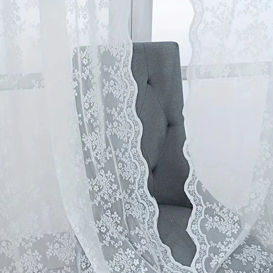 rideau broderie florale blanc transparent classique deux panneaux polyester coton moderne chambre salon