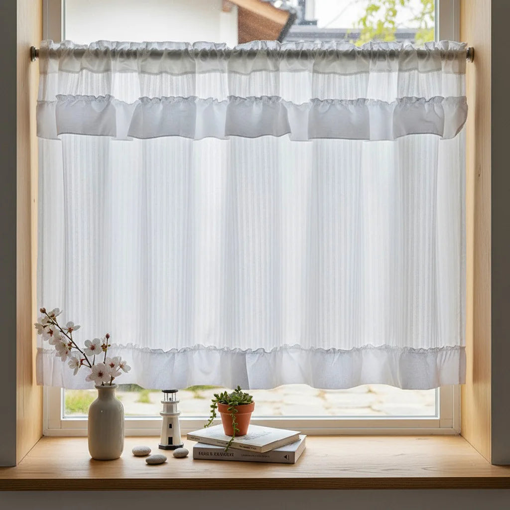 rideau blanc rayures fines polyester translucide classique cuisine 180x60cm