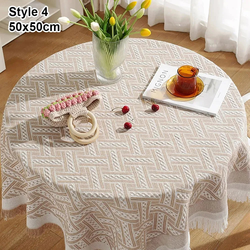nappe table moderne 50x50cm 90x90cm rayures diagonales franges beige jaune rose bleuclair festive