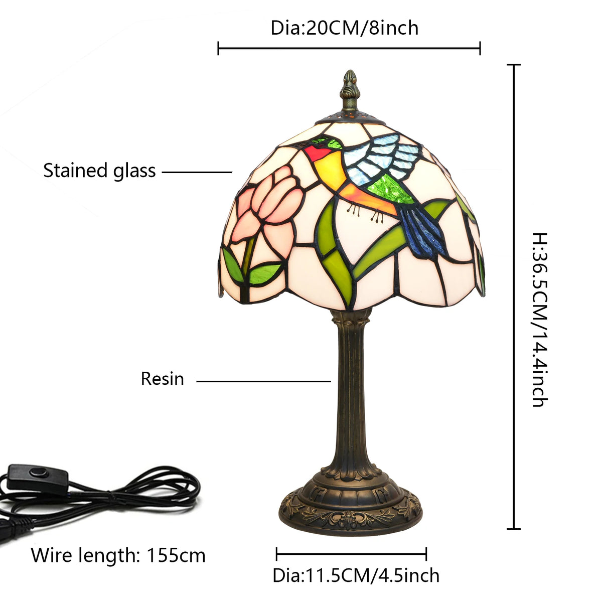 lampe table tiffany multicolore oiseau stylisé verre teinté interrupteur bouton poussoir 220v 155cm