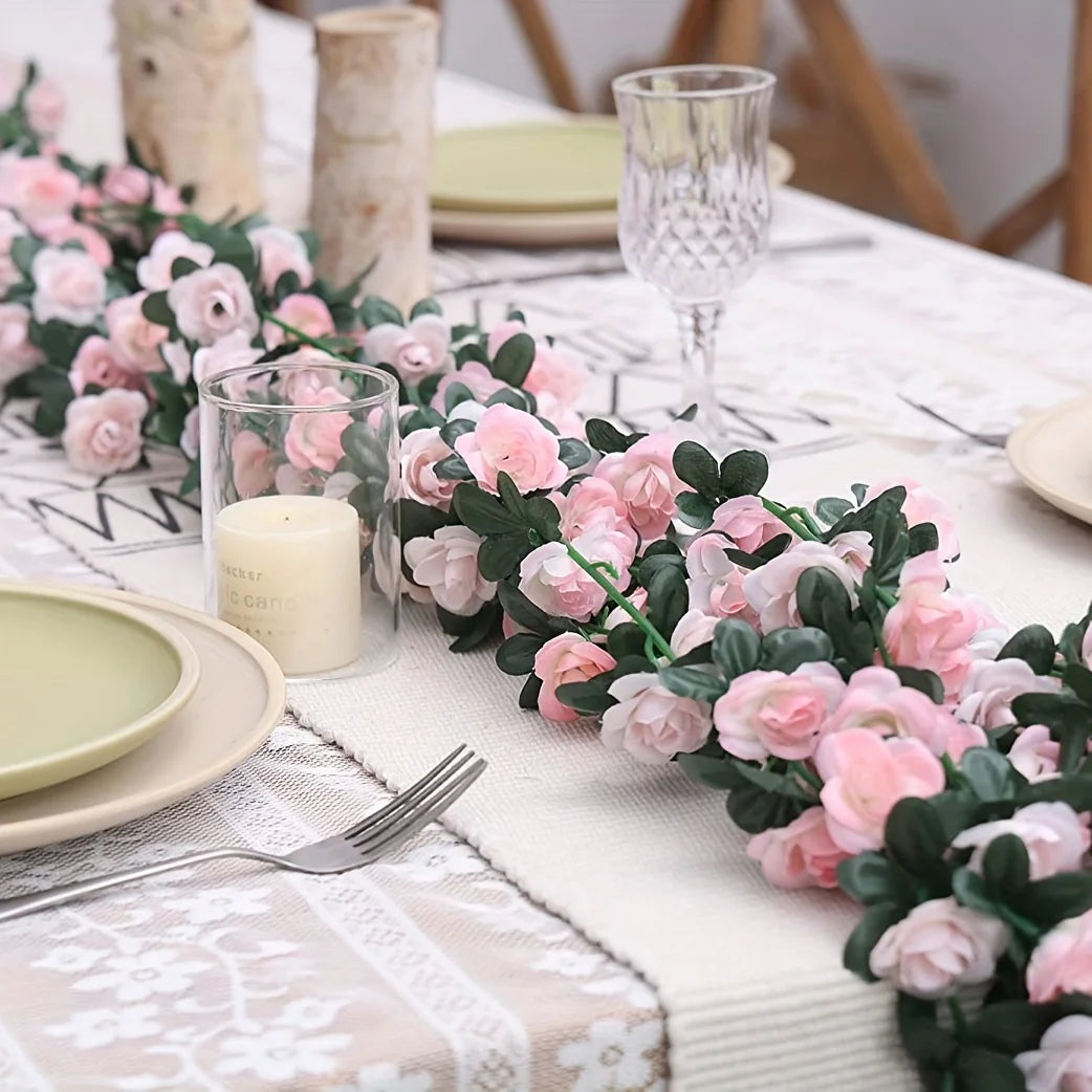 guirlande fleurs artificielles roses vertes décoration murale mariage romantique intérieur festive anniversaire