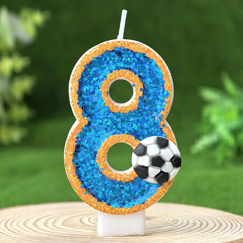 bougies numéraires pailletées thème football anniversaire bleu doré blanc