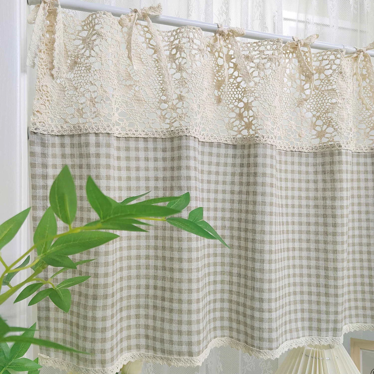 rideau fenêtre maison opacité beige gris carreaux dentelle vintage rustique