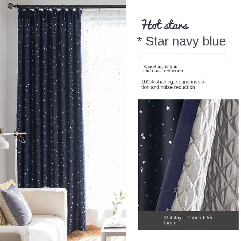 Rideau occultant bleu marine avec motifs étoilés, parfait pour une décoration moderne et fonctionnelle. Offre une isolation sonore optimale et un design élégant, idéal pour améliorer le confort et le style de votre intérieur. Solution parfaite pour chambres, salons ou bureaux, assurant intimité et ambiance tamisée.