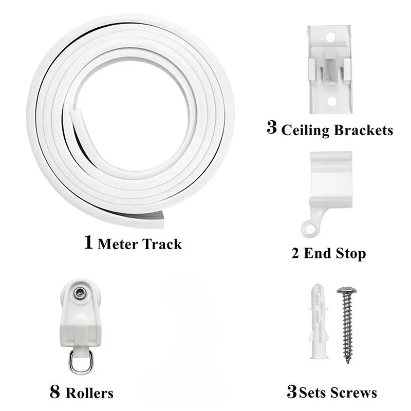 rideau flexible blanc moderne rail anneaux tringle quincaillerie décoration clips fixation plaque métallique intégrée