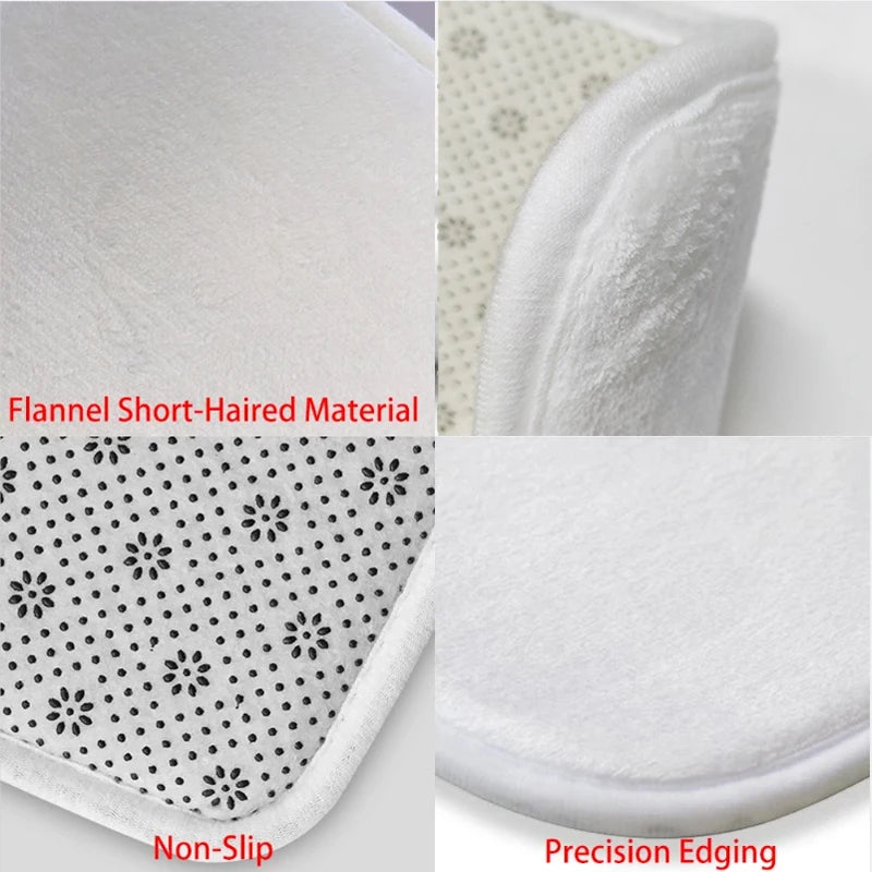 Cette image montre un tissu en flanelle à poils courts avec un motif de fleurs, doté d'un revêtement antidérapant et de bords précis, présentant des caractéristiques techniques détaillées dans la légende.