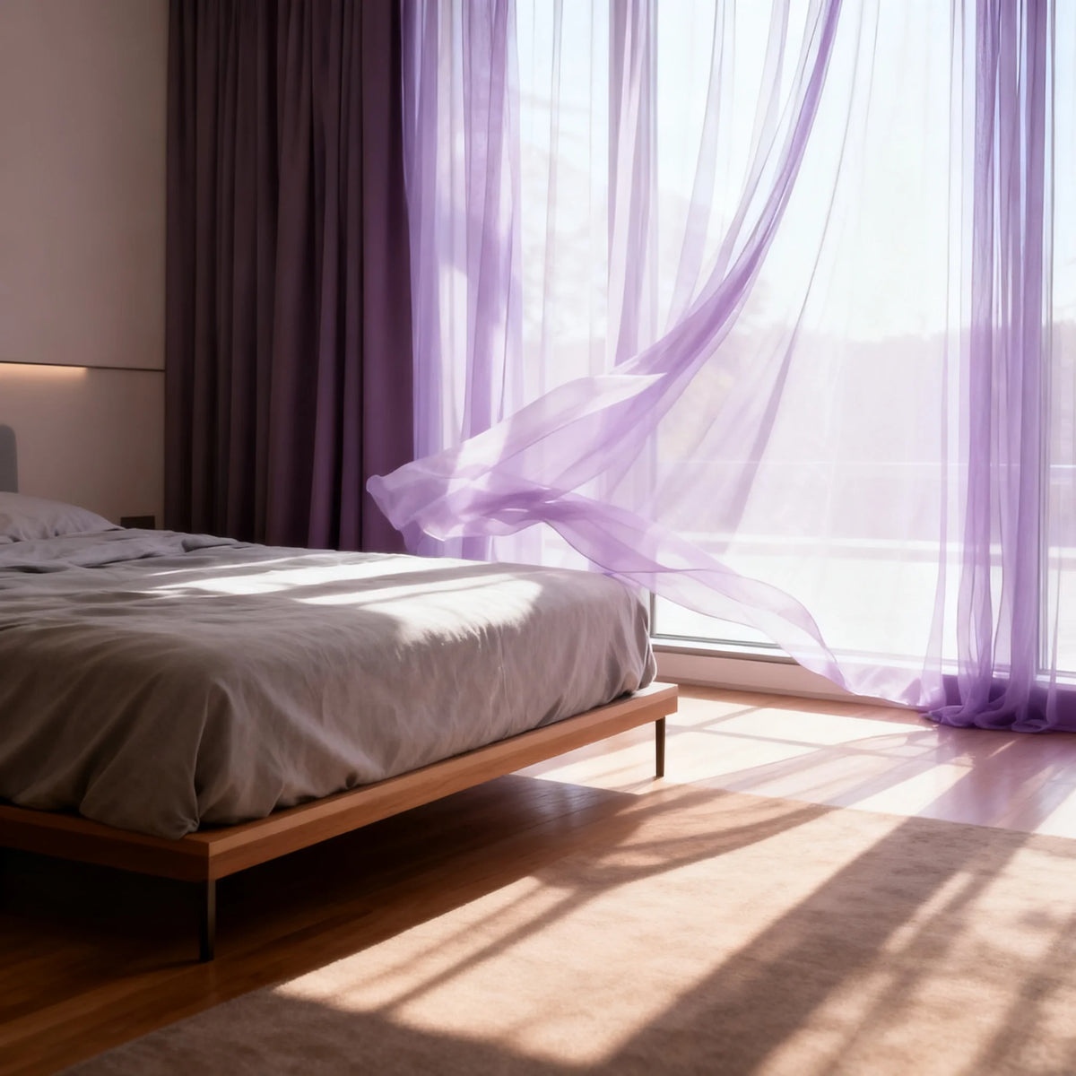 rideaux polyester translucides violet clair moderne plissés deux pièces chambre salon