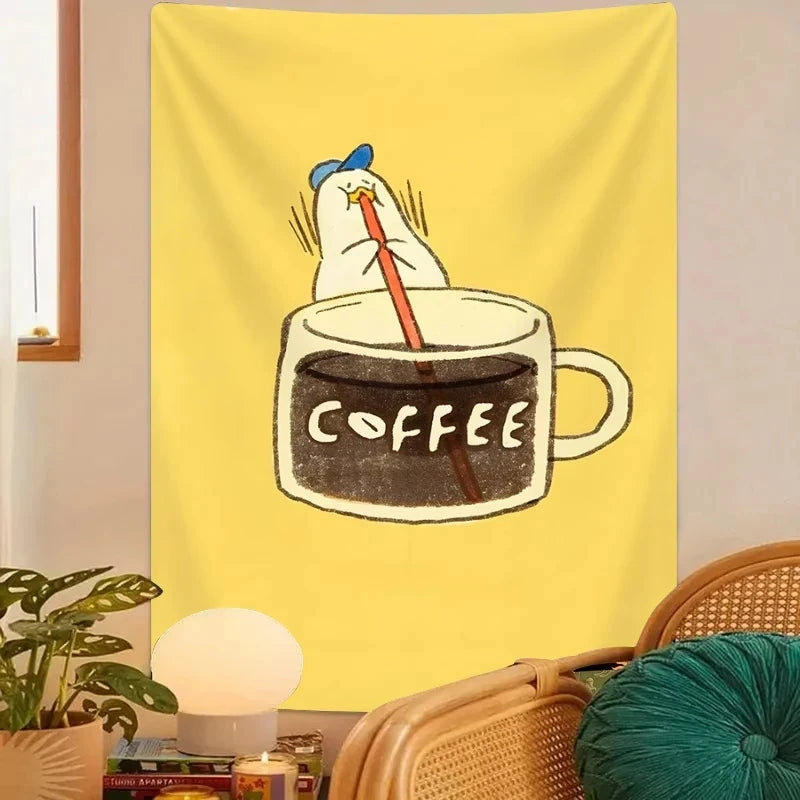 tapisserie murale cartoon tasse canard chambre salon minimaliste jaune clair polyestère lavable machine