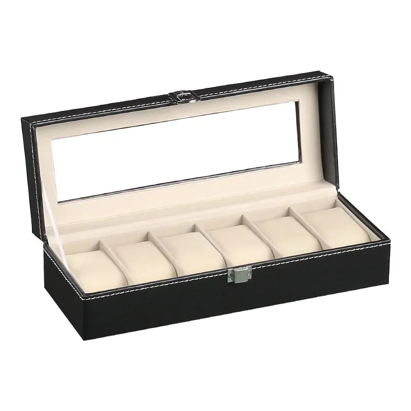 boîte rangement montres cuir noir intérieur beige classique verre transparent compartiments bouton pression