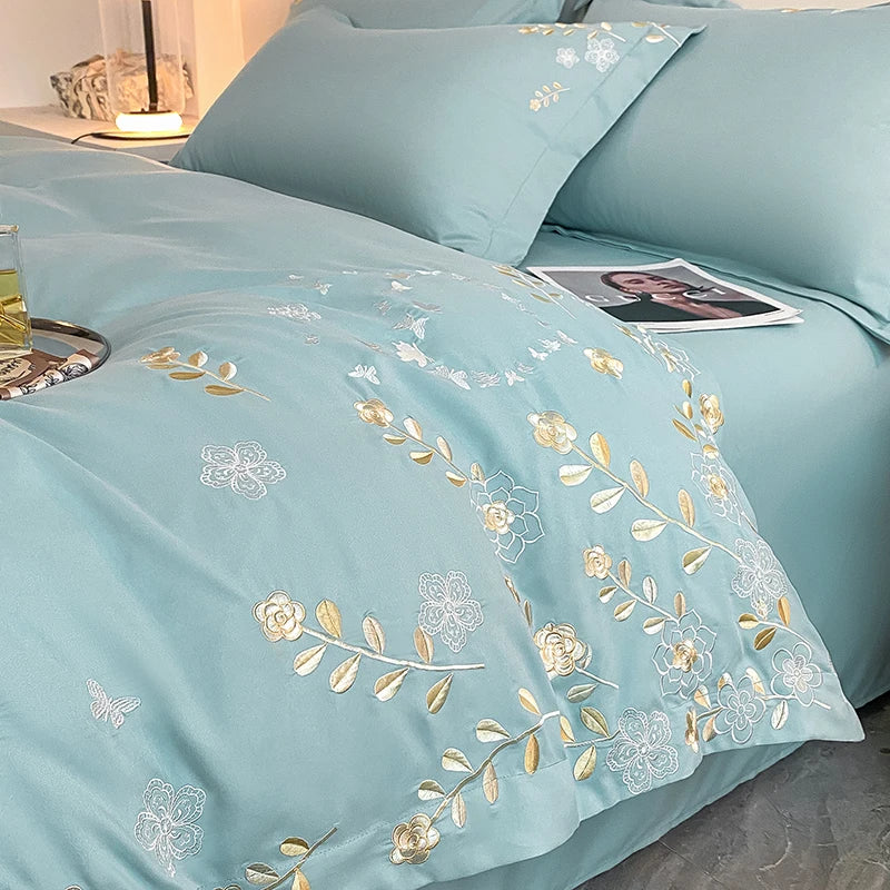ensemble literie classique broderie florale dorée 100% coton bleu clair rose pâle gris clair