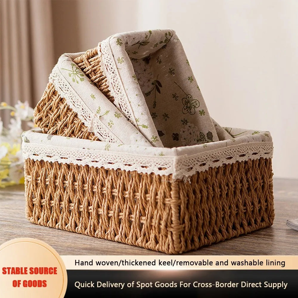 paniers rangement tissu imprimé floral dentelle rustique beige marron clair réutilisable stockage maison jouets