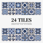 Stickers muraux bleu blanc motifs géométriques texture brillante artisanal 24 pièces 10x10cm
