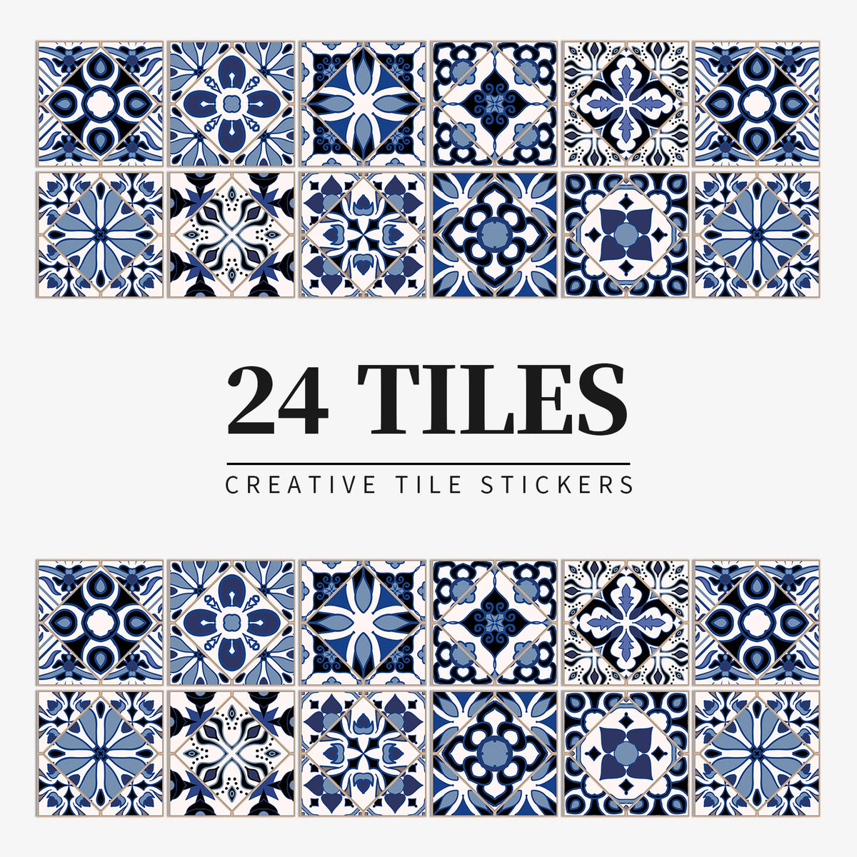 Stickers muraux bleu blanc motifs géométriques texture brillante artisanal 24 pièces 10x10cm
