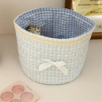 panier rangement vintage rose bleu blanc vichy floral décoration intérieur bijou patchwork