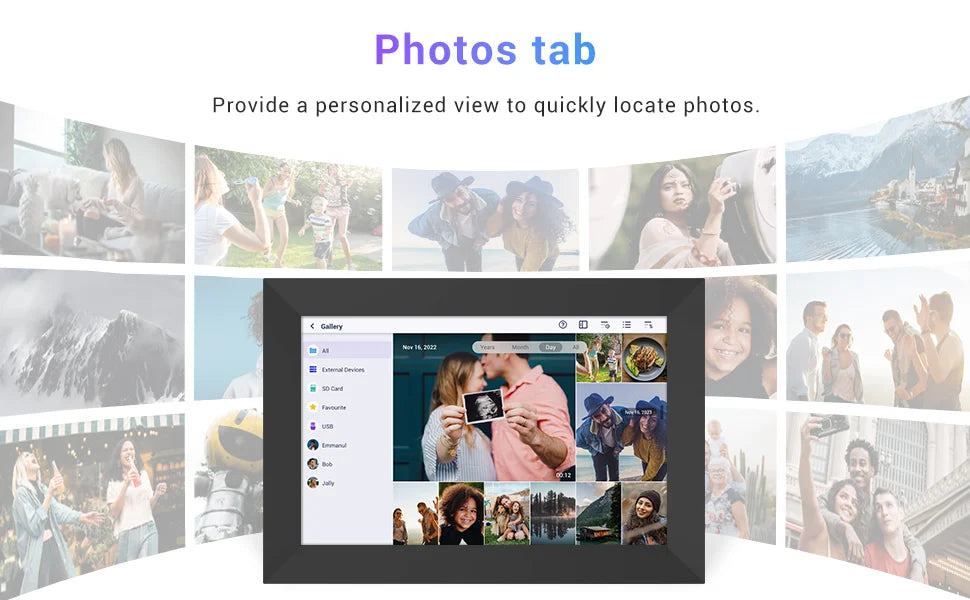 cadre photo numérique wifi écran tactile hd imitation bois moderne 32go photos variées famille