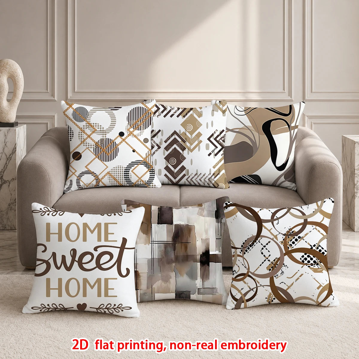 housses coussin motif géométrique moderne polyester blanc marron noir décor canapé chambre salon fixations