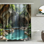 rideau douche moderne cascade paysagère bleu clair vert rochers opacité crochets