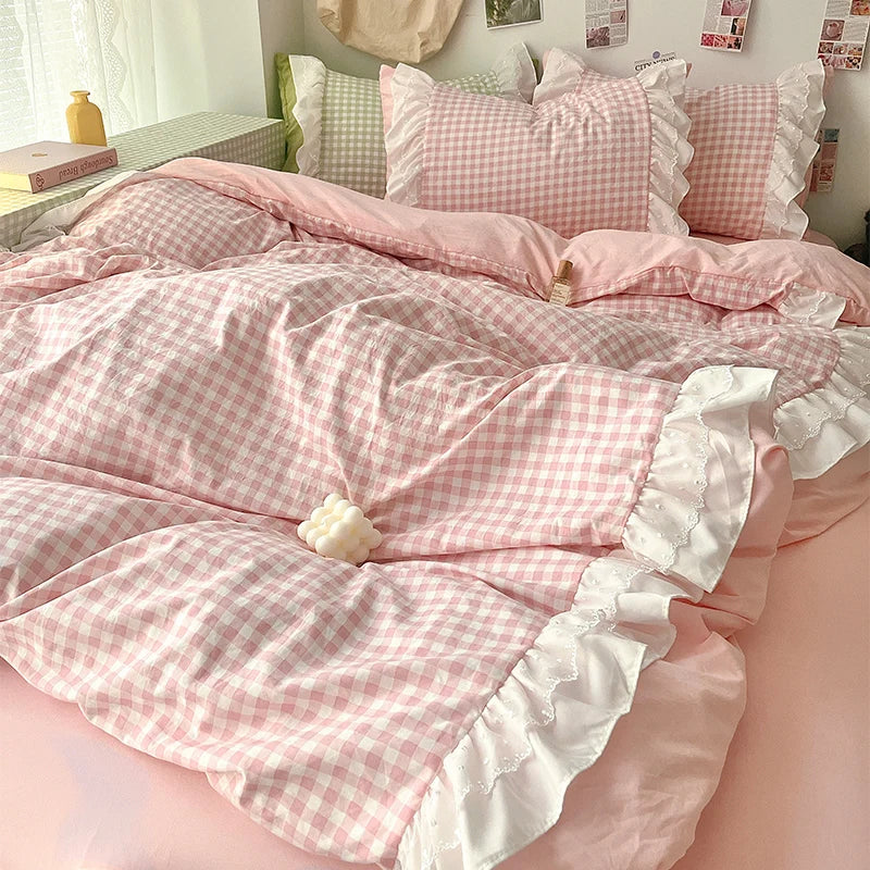 ensemble literie rose clair carreaux doux romantique housses ultra douces 180x220cm 200x230cm