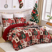 Housse de couette Noël patchwork rouge vert avec sapins imprimés - Literie festive douce