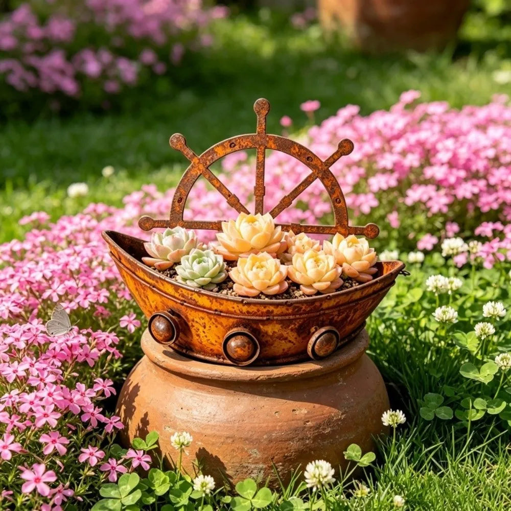 cache pot forme bateau marron rustique texture métal vieilli vintage succulentes gravierintérieur