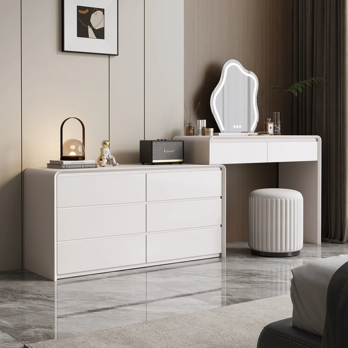 coiffeuse moderne meuble rangement tiroirs noir blanc tabouret lampe minimaliste