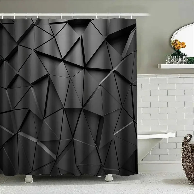 rideau douche géométrique moderne motif polygone noir gris abstrait opaque contemporain tringle métal