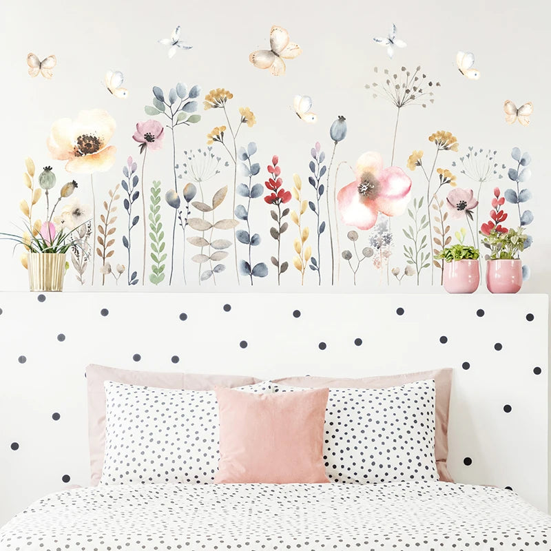 sticker mural floral multicolore illustration adhésif papillon deco maison chambre salon