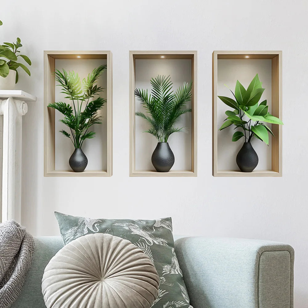 autocollants muraux modernes plantes vertes deco maison stickers muraux minimalistes feuillets vases noirs