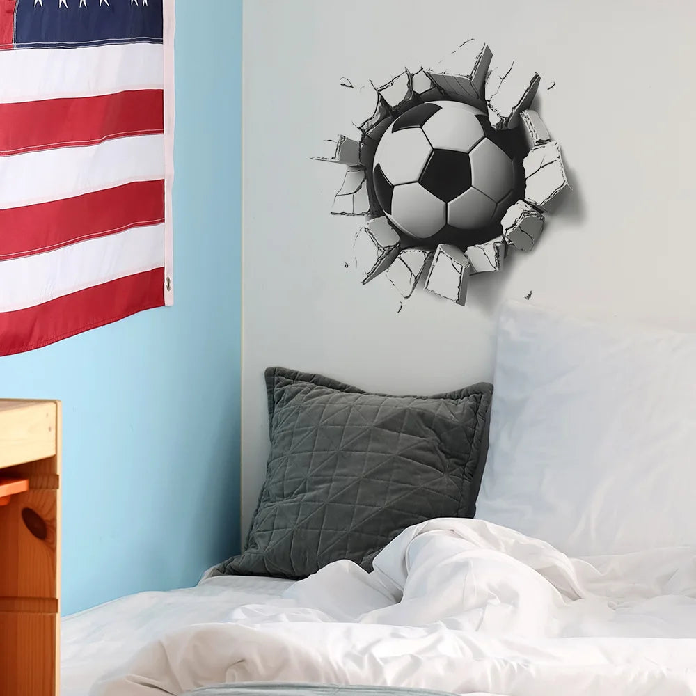 sticker mural 3d football fissures adhésif noir blanc decoration chambre enfant resistant eau 29cm