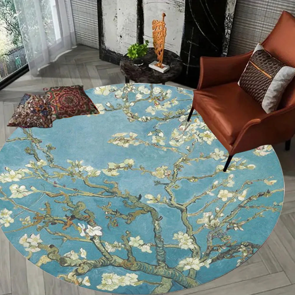 tapis rond moderne fleurs blanches géométrique bleu jaune noir salon chambre