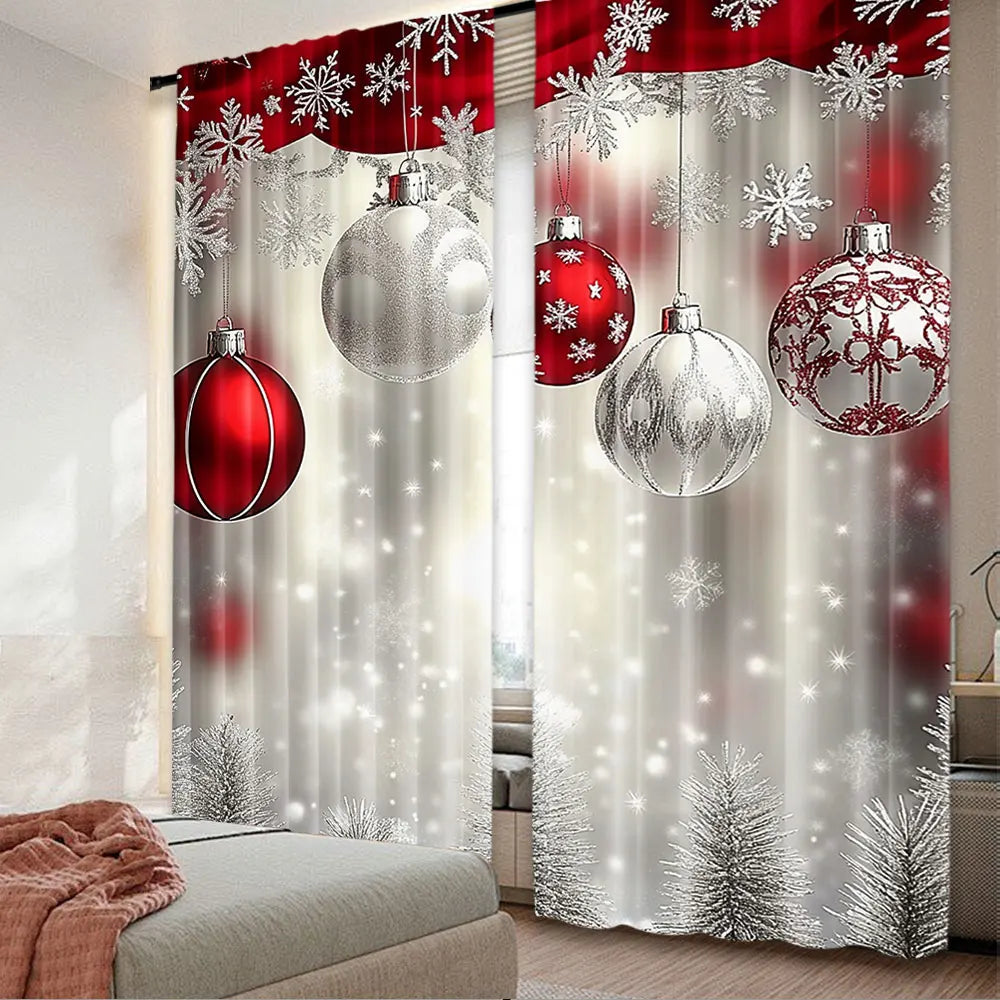 rideau festif boules noël flocons neige rouge blanc translucide 75x166cm 105x230cm 130x210cm