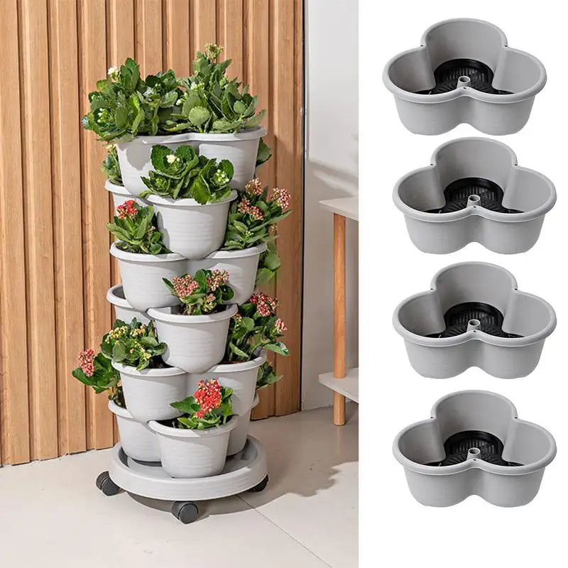 pots fleurs verticaux empilables plastique moderne roulettes patio plantes lettuces fleurs trèfle grisclair minimaliste