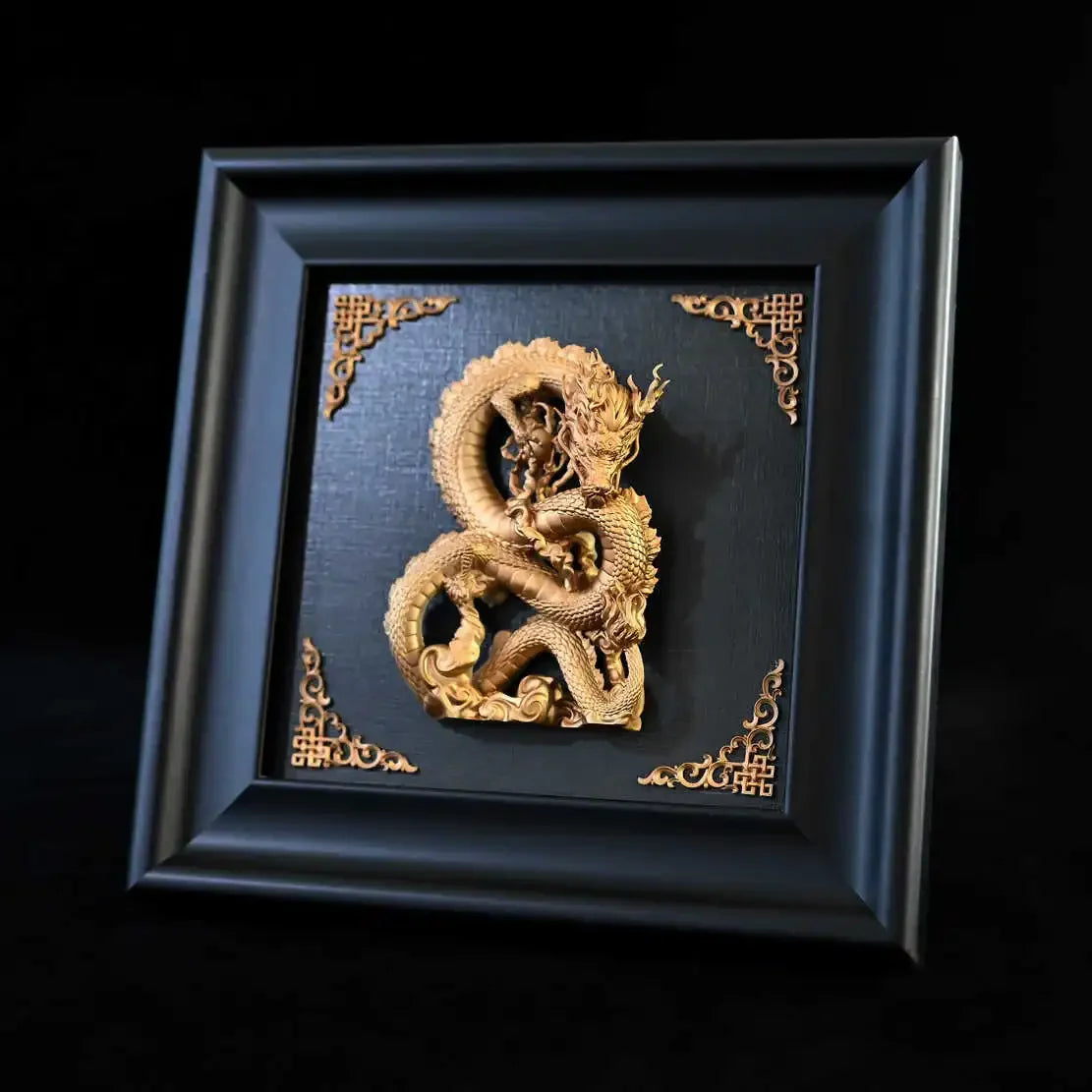 Sculpture dragon or noir relief géométrique artisanal traditionnel 125x125mm