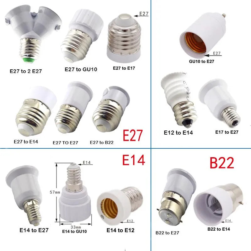 Adaptateurs culot blancs modernes E27 E14 E17 GU10 E12 B22 conversion 5pièces facile