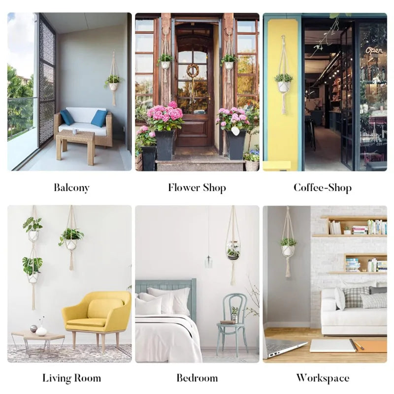 support plante suspendue macramé boho panier blanc noeuds réguliers artisanal pot fleuri