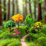 miniatures arbres fleurs vert rose jaune blanc réaliste détaillées décoration jardin féerique