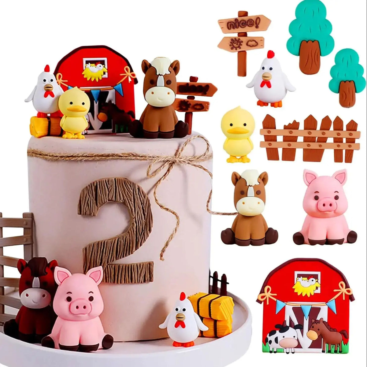 figurines animaux accessoires gâteau cartoon enfantin clôture grange happy birthday nice propriévements mariage anniversaire