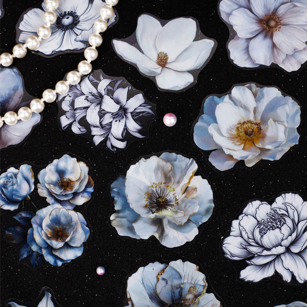 autocollants fleurs anémones roses adhésif bleu blanc doré élégants scrapbooking collage