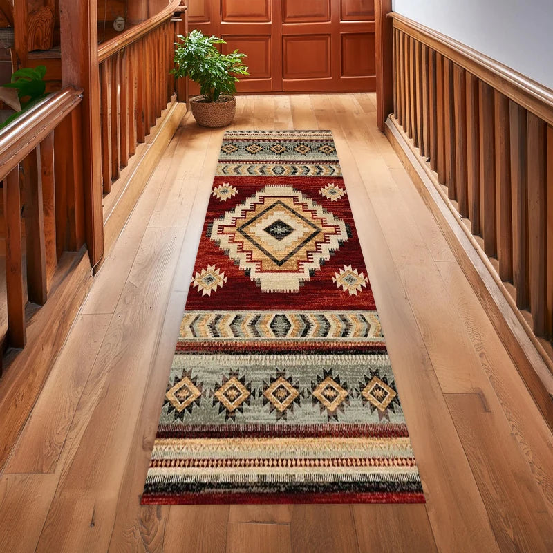 tapis géométrique tribal rouge beige turquoise noir salon moderne ethnique