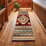 tapis géométrique tribal rouge beige turquoise noir salon moderne ethnique