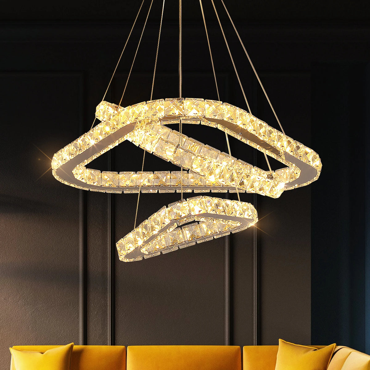 lustre suspension cristal led moderne doré blanc strass brillant salon salle manger luxe