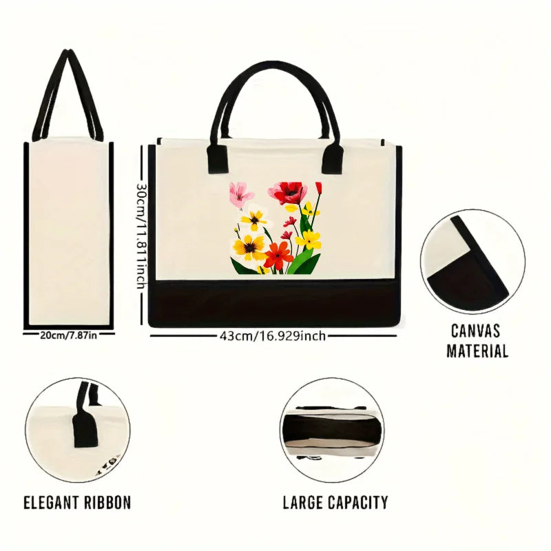 sac main toile fleurs colorées moderne beige noir respectueux environnementversible quotidien