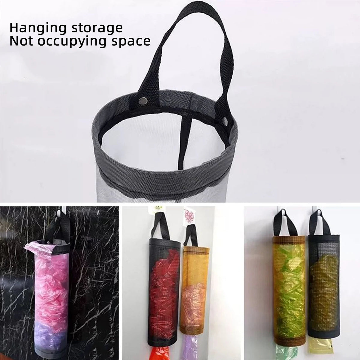 organisateur suspendu sacs plastiques poubelles multiple couleurs maille polyester réutilisable rangement cuisine utilitaire minimaliste