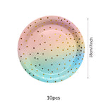 vaisselle jetable anniversaire arc ciel assiettes dorées points confettis serviettes verres festifs