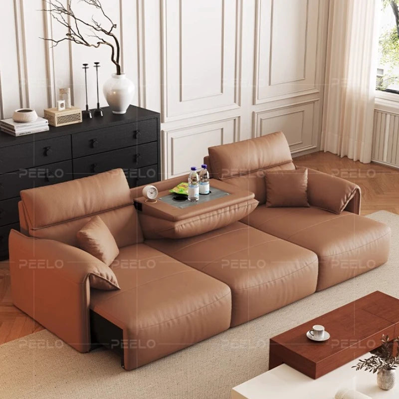 canapé d'angle marron clair moderne coussins table basse dimension 290cm